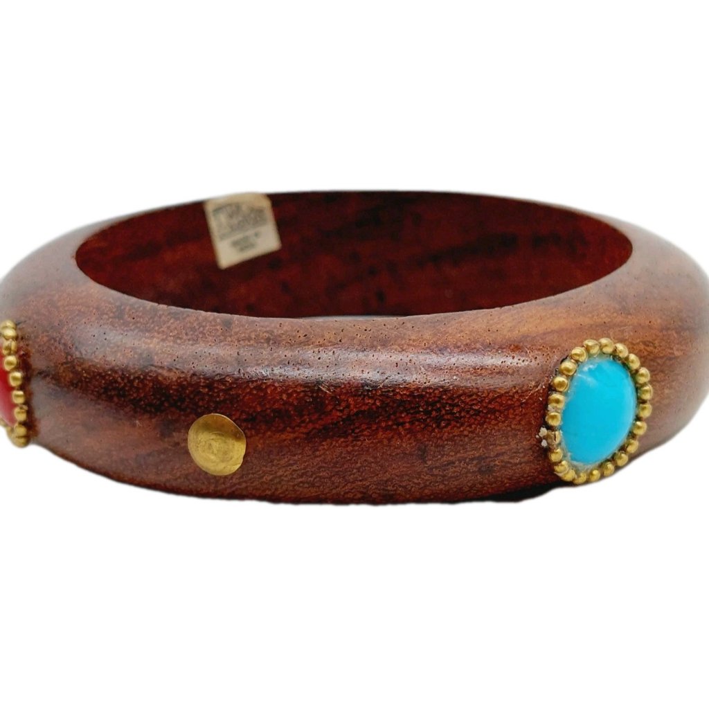 Two's Company Wood Bangle Bracelet Multi-Colored Stones Brass Studs